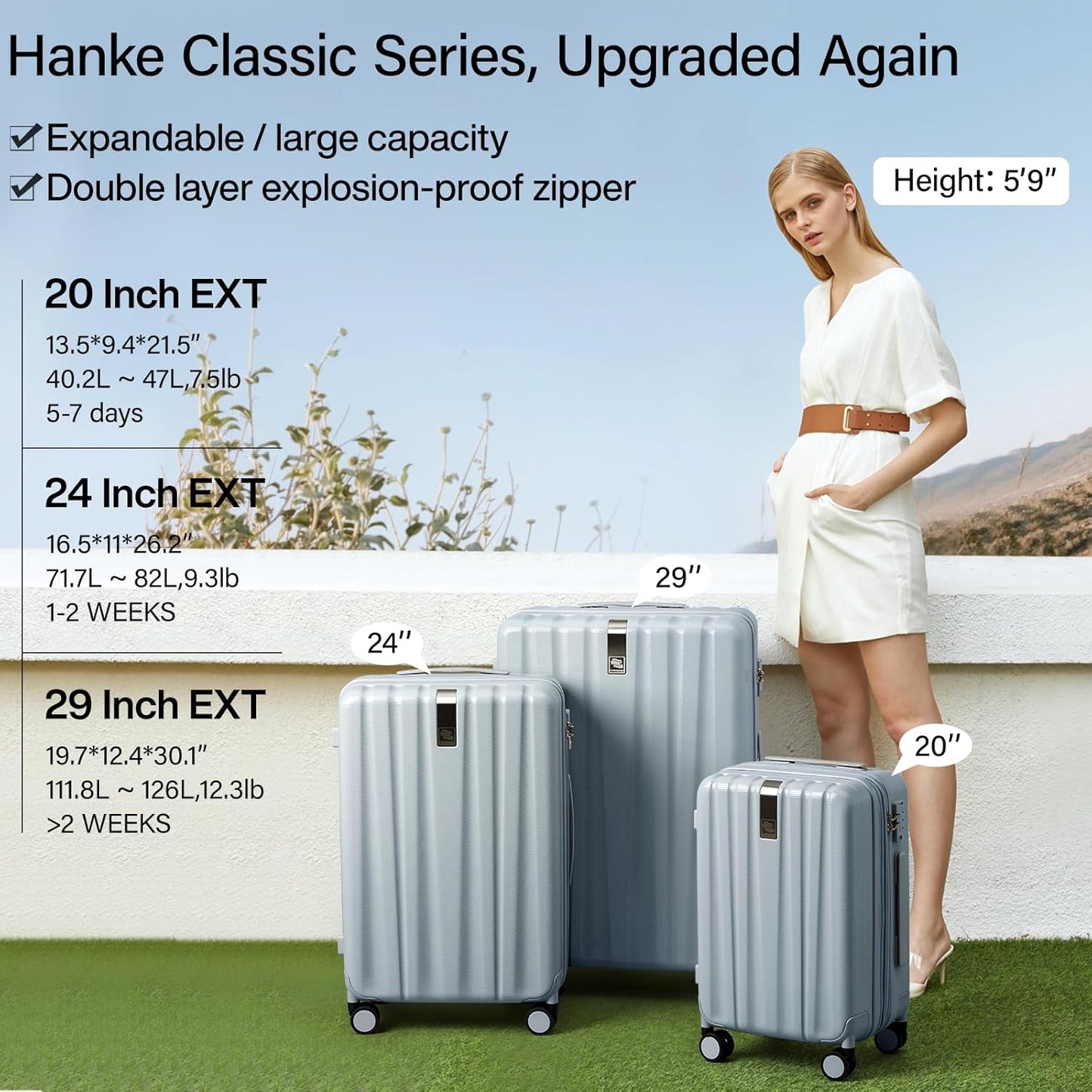 Hanke Expandable Hard Shell Luggage Sets 2 piece Carry On Luggage with Wheels Suitcases Lightweight Checked Travel Luggage Rolling Large Suitcase Travel Luggage Bag Woman Men 20/29 Inch(Gray)