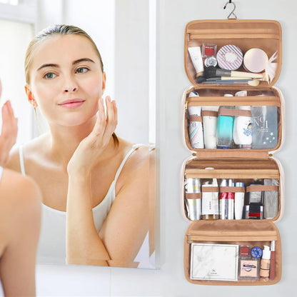 Travel Toiletry Bag for Women Hanging Travel Toiletry Organizer for Full-sized Toiletries Portable Water-resistant Travel Bag with Hanging Hook and 4 Compartments for Travel Essentials and Cosmetics