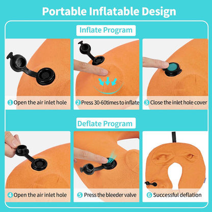 Inflatable Travel Neck Pillow for Airplane, Head Support Velvet Adult Neck Pillow for Long Flight, Kit with Eye Mask, Earplugs and Storage Bag,1, Orange