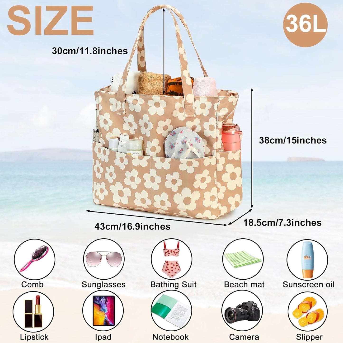 CAMTOP Waterproof Beach Tote Bag for Women Girls with Zipper Foldable Sandproof Pool Swim Bag Travel Carry On Gym
