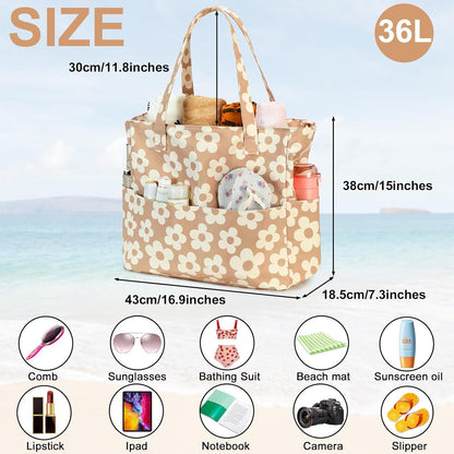 CAMTOP Waterproof Beach Tote Bag for Women Girls with Zipper Foldable Sandproof Pool Swim Bag Travel Carry On Gym