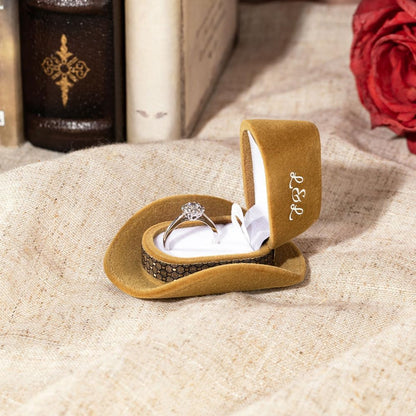 Custom Vintage Brown Cowboy Hat Jewelry Box - Decorative Ring Holder for Wedding and Engagement Rings - Elegant Storage Case and Gift for Western-Themed Ceremonies and Proposals