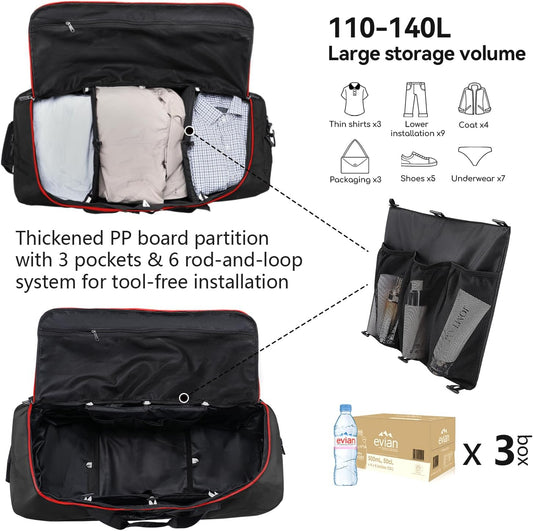 Vomgomfom Wheeled Collapsible Duffel Bag,110L-140L Expandable Checked Luggage, No-Telescopic-Handle with Anti-Burst Zipper & Reinforced Frame,Black-red