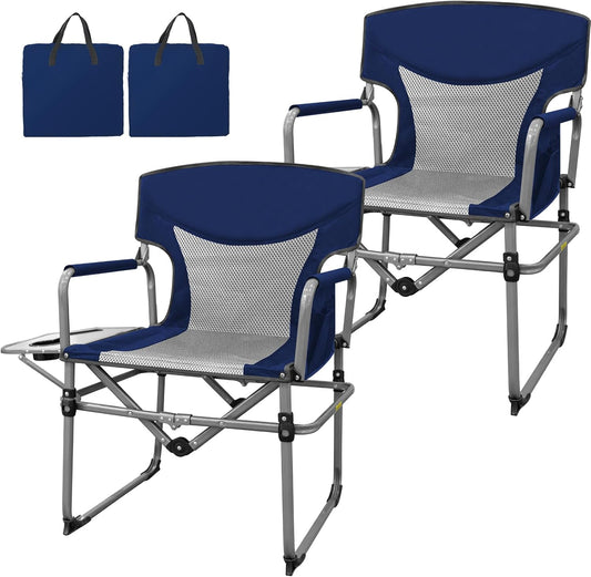 Romswi 2PK Folding Director Chairs, Camping Chair for Outdoor, Compact Directors Chair with Side Table Side Bag, Heavy Duty Oversize Seat for Beach Fishing Picnic Chairs, Holds up to 300 lbs Blue