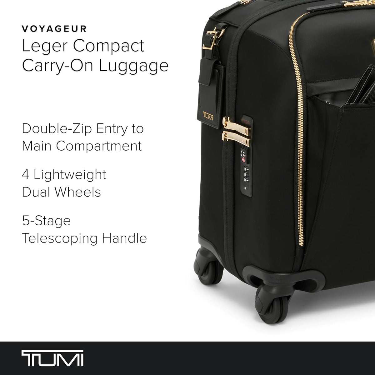 TUMI - Voyageur Leger 4 Wheeled Luggage - Women's Lightweight and Spacious, Sleek Silhouette, Durable Premium Suitcase - 16" Compact Carry-On, Black with Gold Hardware