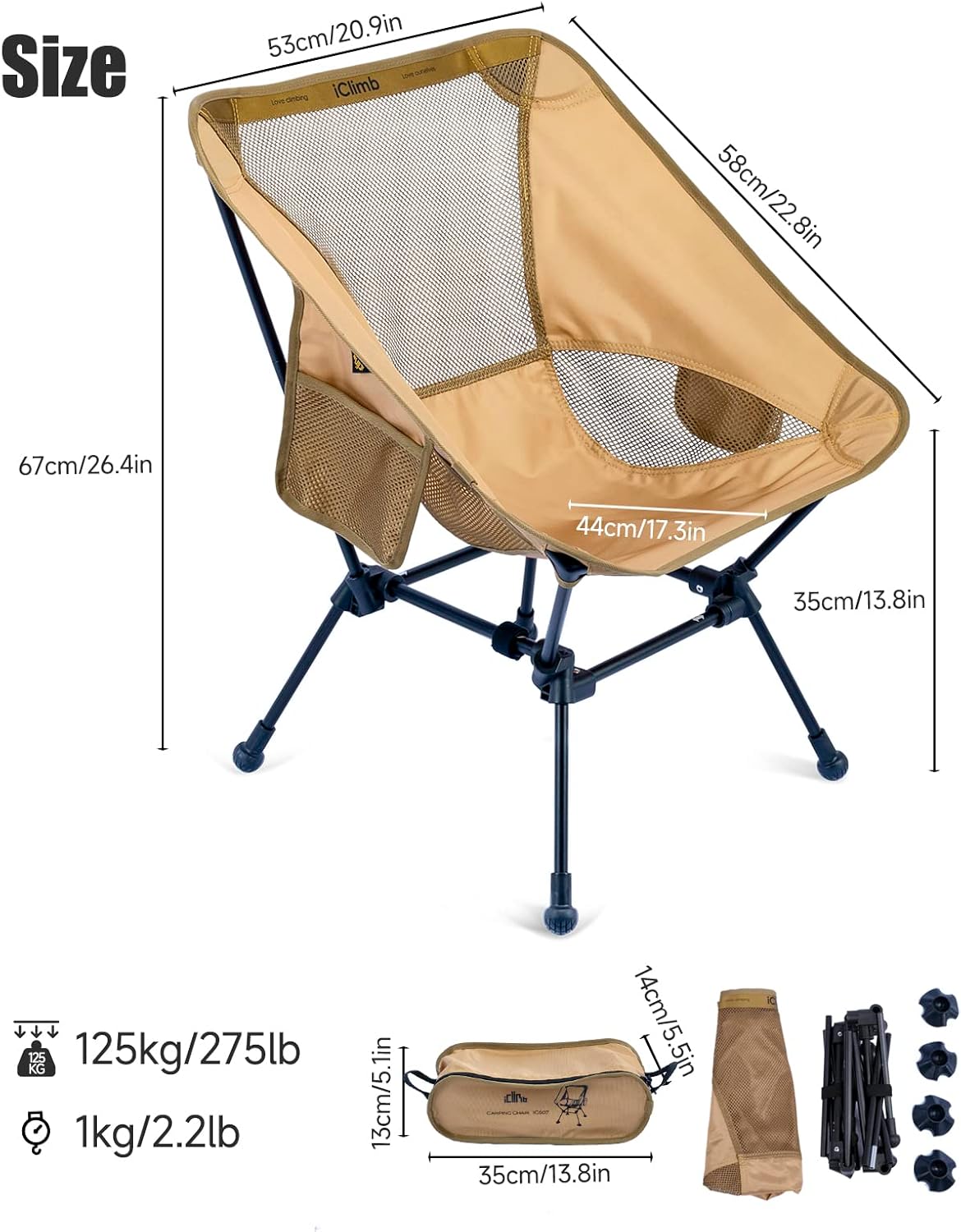 iClimb Ultralight Compact Camping Folding Beach Chair with Anti-Sinking Large Feet