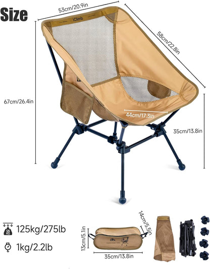 iClimb Ultralight Compact Camping Folding Beach Chair with Anti-Sinking Large Feet