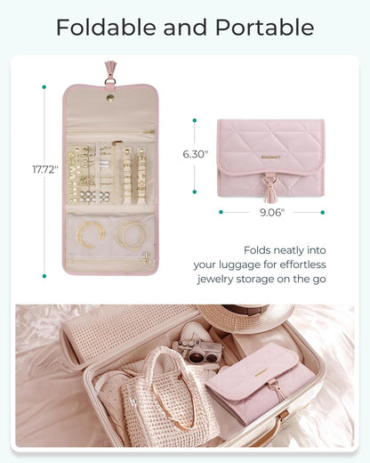 BAGSMART Travel Jewelry Case Organizer, Roll Foldable Jewelry Case for Journey-Rings, Necklaces, Earrings, Bracelets, Brooches, Portable Travel Essentials, Green