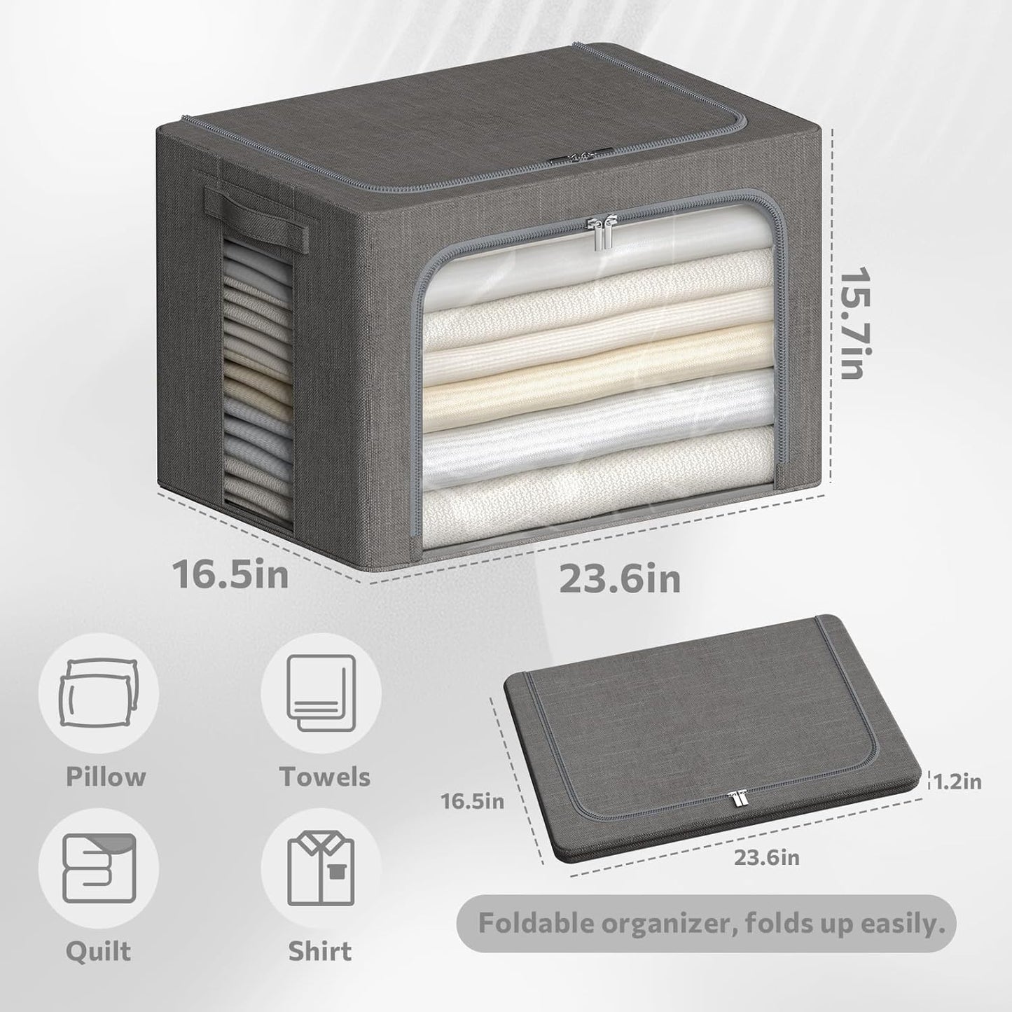 4 Pack Clothes Storage Bins with Metal Frame - Linen Fabric Foldable Stackable Container Organizer Set with Clear Window & Carry Handles & Zippers (Dark Gray, 23.6"x16.5"x15.7")