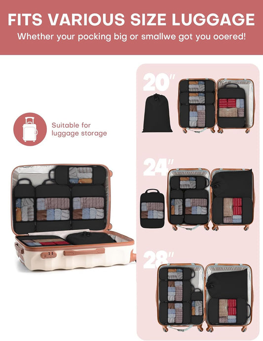 6 PCS Set Compression Packing Cubes for Travel, Lightweight Packing Organizer Bags Travel Essentials for Carry On, Suitcase, Home Closet - Black