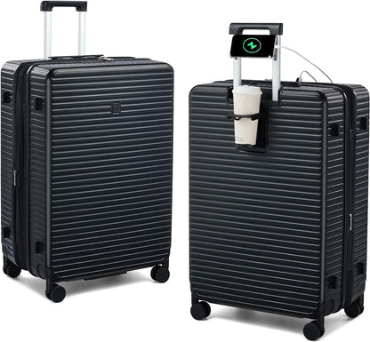 28 Inch Luggage Hard Shell Suitcases, Expandable Travel Checked Luggage 28 Inch, Large Check In Luggage with Spinner Wheels Cup Holder Charger Built in Lightweight Suitcase, Black