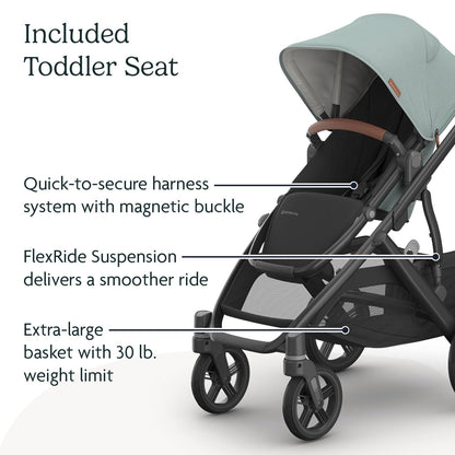 UPPAbaby Vista V3 Stroller - Full-Size Single-to-Double Stroller System - Toddler Seat, Bug Shield, Rain Shield, and Storage Bag Included - Kenzi (Mystic Aqua/Carbon Frame/Saddle Leather)