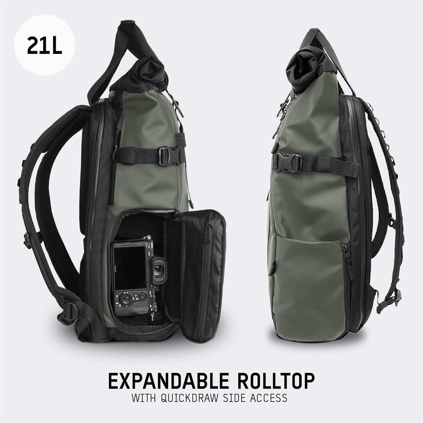 WANDRD PRVKE 21L, V3 Backpack: Weather-Resistant Travel & Camera Backpack with Laptop Sleeve, Quick Side Access, Clamshell Opening – Ideal Photography & Travel Bag (Wastach Green)