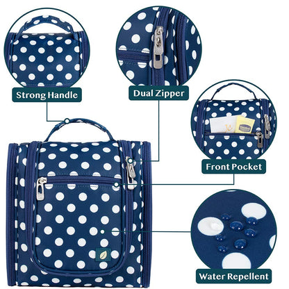 PAVILIA Toiletry Bag Travel Bag for Women Men, Hanging Cosmetic Organizer, Water Resistant Makeup Bag for Accessories Toiletries, Large Travel Essentials Kit (Navy Polka Dot)
