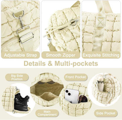 Quilted Travel Duffle Bag Gym Bag for Women,Large Puffer Duffle Weekender Bag with Compartment,Workout Overnight Carry on Organizer Bag Duffle Bag for Airplane Travel(L-Off-white)