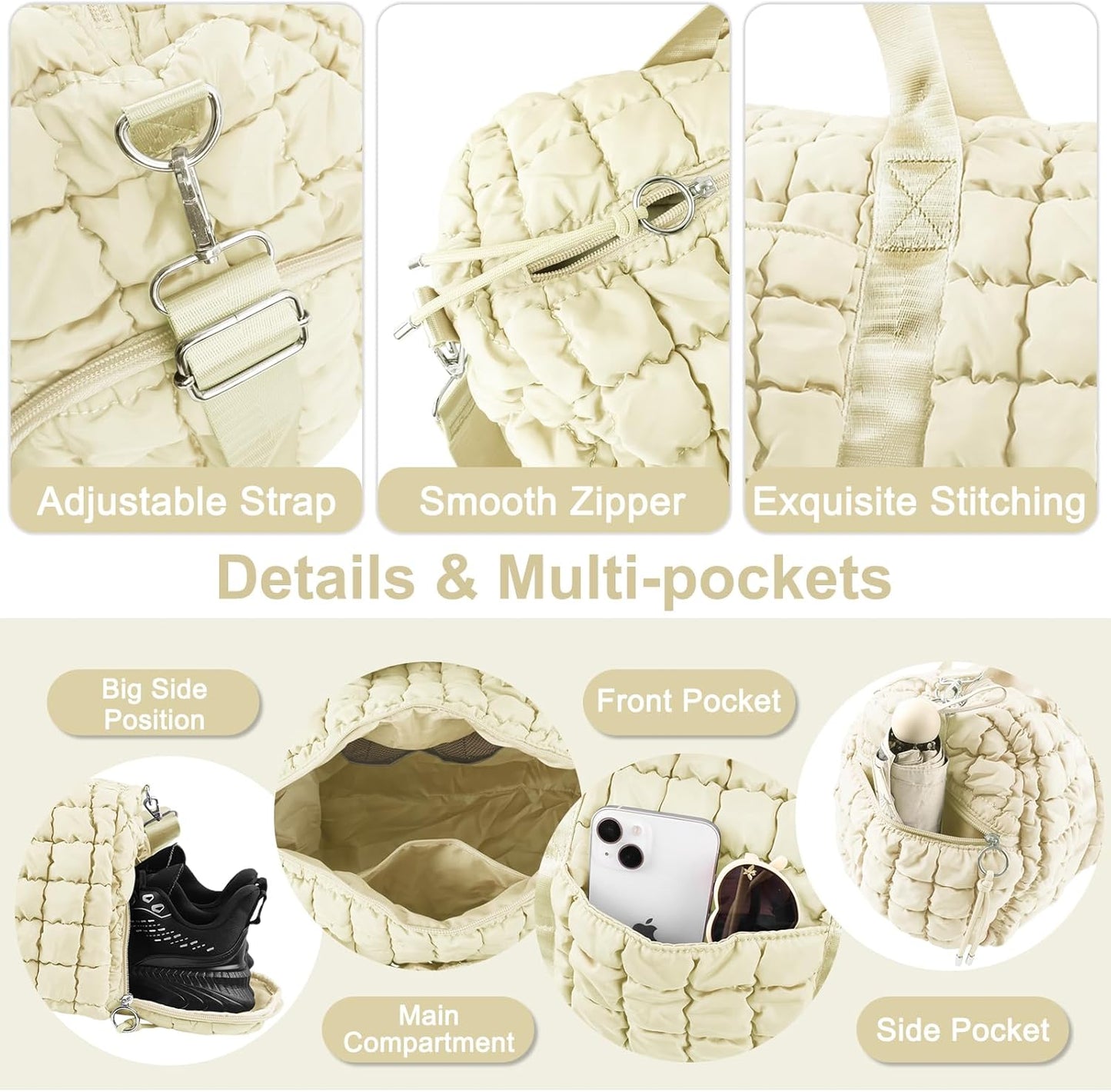 Quilted Travel Duffle Bag Gym Bag for Women,Large Puffer Duffle Weekender Bag with Compartment,Workout Overnight Carry on Organizer Bag Duffle Bag for Airplane Travel(Off-white)