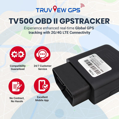 Truview TV500 OBD II, 4G GPS Tracker with Global SIM - Real-Time & Reliable Vehicle Tracking Device for Cars, Vans & Fleets - Plug & Play, Mobile App, 24/7 Support - No Contract Required