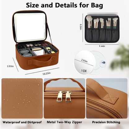 Travel Makeup Bag with LED Mirror and 10x magnifying glass with 3 Lighted Settings, Adjustable Dividers and Makeup Brush Storage Bag Caramel