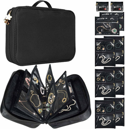 Travel Jewelry Organizer Case, Jewelry Storage Bag with Zipper Velvet Pockets, Portable Jewelry Case for Necklaces, Rings, Earrings, Bracelets