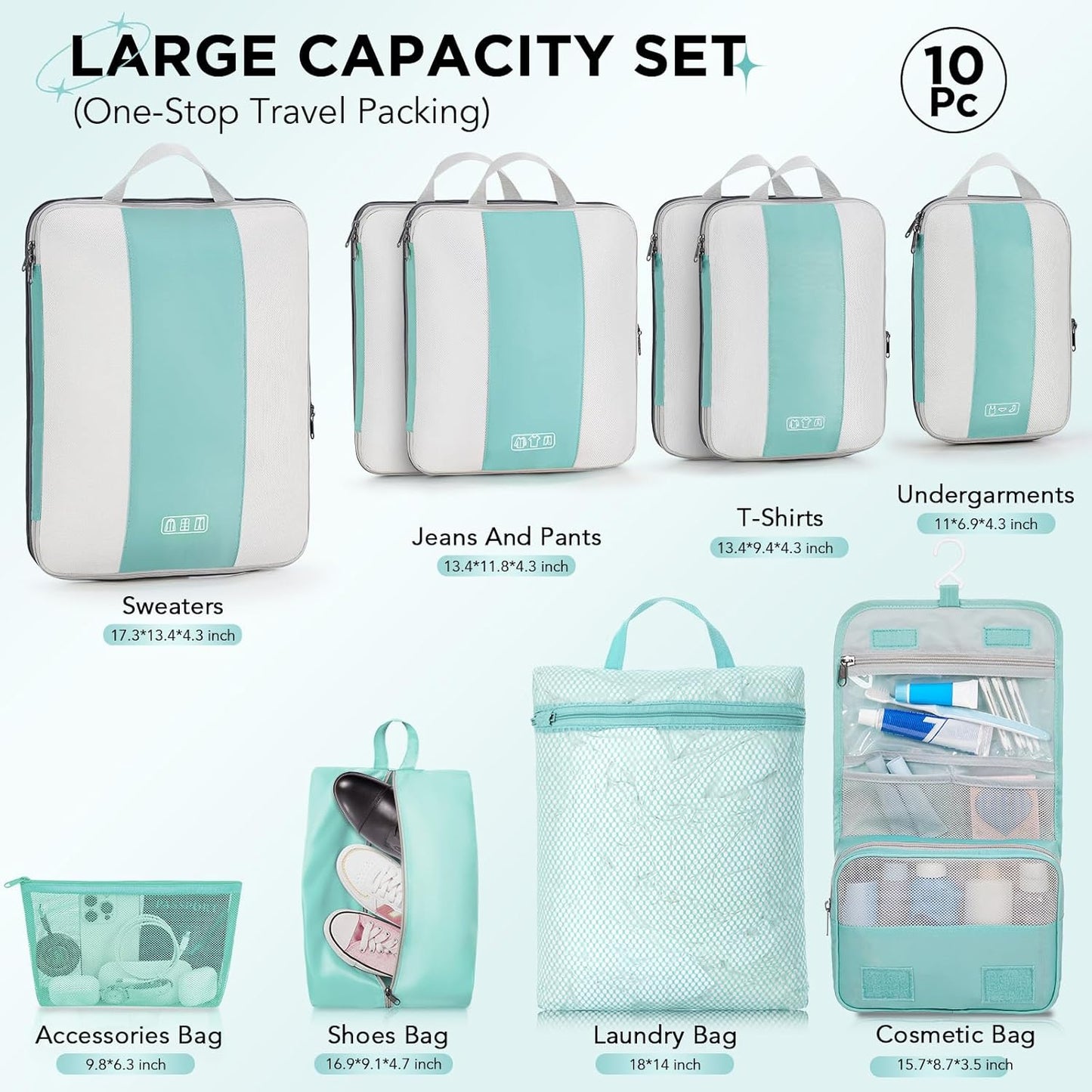10 Set Compression Packing Cubes for Travel Essentials,Compressible Expandable Packing Cubes for Suitcase,OlarHike Luggage Organizer Bags for Travel,Handy Helper for Organizing Clothes(New Blue Green)