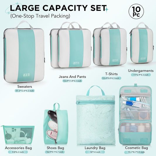 10 Set Compression Packing Cubes for Travel Essentials,Compressible Expandable Packing Cubes for Suitcase,OlarHike Luggage Organizer Bags for Travel,Handy Helper for Organizing Clothes(New Blue Green)