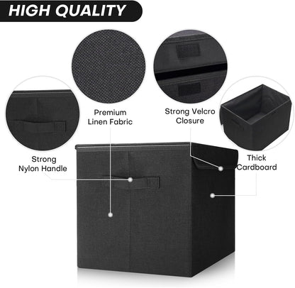 Large 22 Quart Linen Fabric Foldable Storage Bin Cube Organizer Basket with Flip-Top Lid & Handles, Clothes Blanket Box for Home, Office, Closet, Black, 4 Pack 14.6 x 9.5 x 9.5”