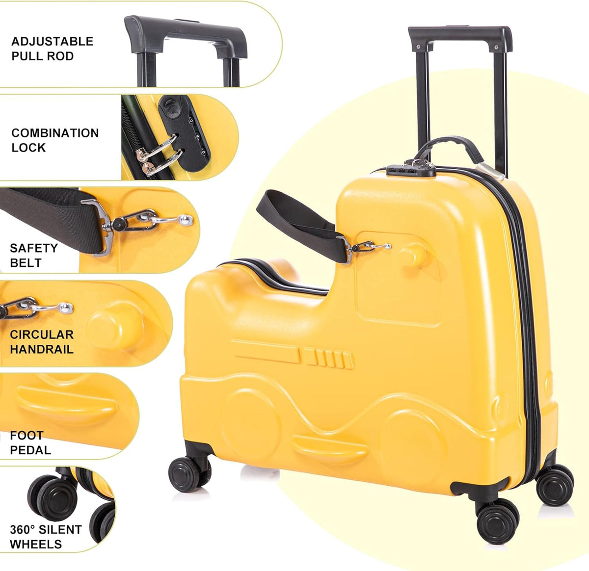 Apelila 22 inch Ride on Suitcase for Kids Travel Luggage Trolley Suitcase with Spinner Wheels Travel Luggage for Child with Combination Lock/Safety Belt/Telescoping Handle (Yellow)