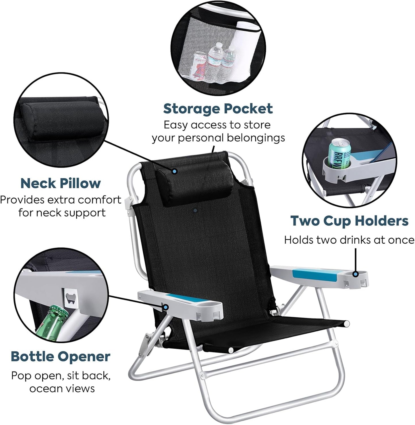 ICECO Backpacking Beach Chairs for Adults, 5 Positions Reclining Chair, Heavy Duty Folding Chairs, Portable Lay Flat Outdoor Chair with Cup Holder for Beach, Camping, Lawn, 350lb Capacity