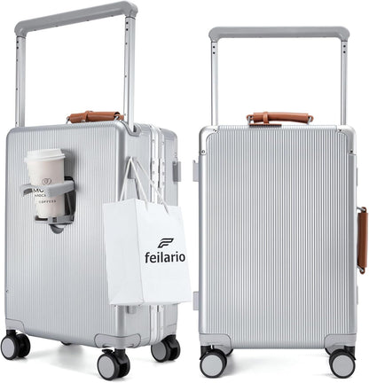 feilario 20'' Aluminum Frame Wide Handle PC Hardside Carry On Luggage - Double Spinner Wheels Luxury Rolling Travel Suitcase with TSA Lock & Cup Holder