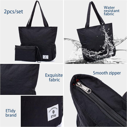 ETidy Large Capacity Foldable Tote Bag With Zipper Water-resistant SandproofWomen Beach Bag Handbag GymBag Travel ShoppingBag