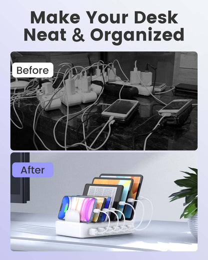 Charging Station for Multiple Devices Apple, CREATIVE DESIGN 50W Multi Charger Station with 6 USB Ports & 6 Cables, Charging Dock for Apple Android Phone iPad Kindle Tablet and Other Electronic