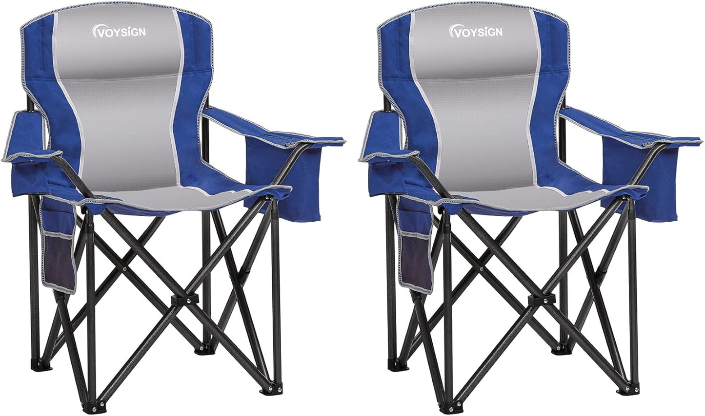 Padded Camping Chairs for Adults, Oversized Folding Outdoor Chairs, Weight Capacity 475lbs, with Cooler Bag, Cup Holder, Storage Pocket Carry Bag (Blue - 2 Pack)