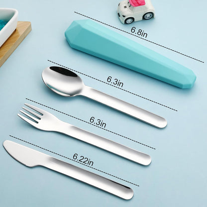 DEVICO Travel Utensils with Case, Reusable Camping Silverware Cutlery, 18/8 Stainless Steel Portable Fork Spoon Knife Set for Lunch Picnic School Workplace (Teal)