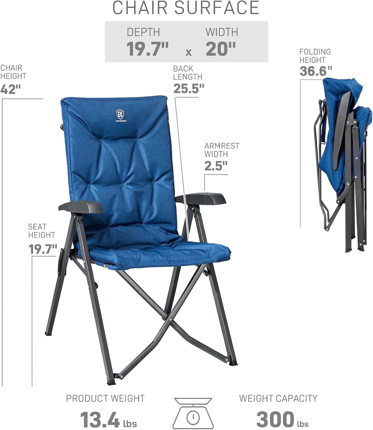 EVER ADVANCED Folding Padded Camping Chair 4 Positon Adjustable Recliner with High Back Support Portable for Adults, 300lbs Weight Capacity, Blue