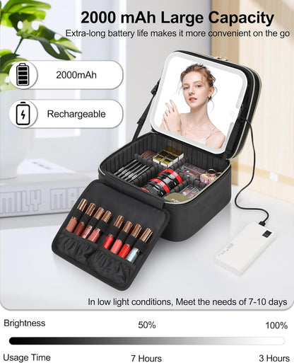 Travel Makeup Bag with LED Mirror Double Layer Makeup Case with Lighted Mirror Dual Layer Cosmetic Train Case Portable Artist Organizer Bag with Dividers and Rechargeable Vanity (Black, Small)