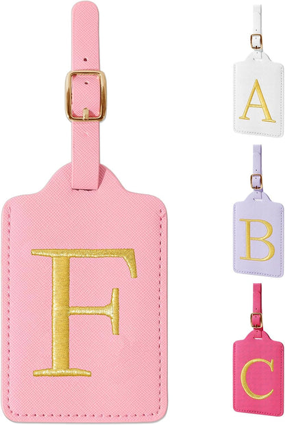 Personalized Initial Luggage Tags for Suitcase, Pink Leather Cute Luggage Tags with Privacy Cover Name Card, Embroidered Custom Monogrammed Luggage Tag Travel Bag Baggage Tags Gifts for Women Kids(F)