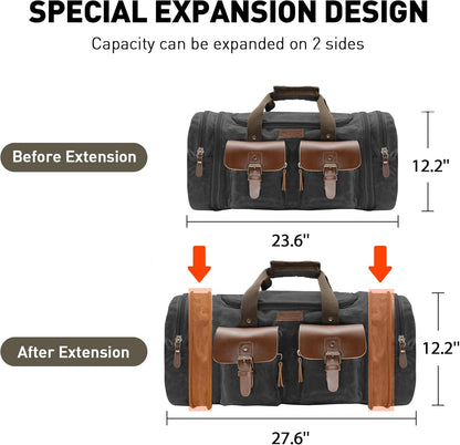 Wildroad 60L Travel Duffel Bag, Expandable Waxed Canvas Genuine Leather Duffle Bag Upgraded Overnight Weekender Bag Carry on Bag (Vintage Black, X Large-60L)