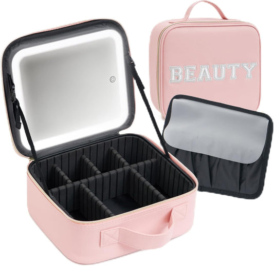 Makeup Bag with LED Mirror – Travel Cosmetic Organizer with Lighted Mirror, Adjustable Dividers & Brush Holder Storage – Portable PU Leather Makeup Case for Women & Girls - Pink