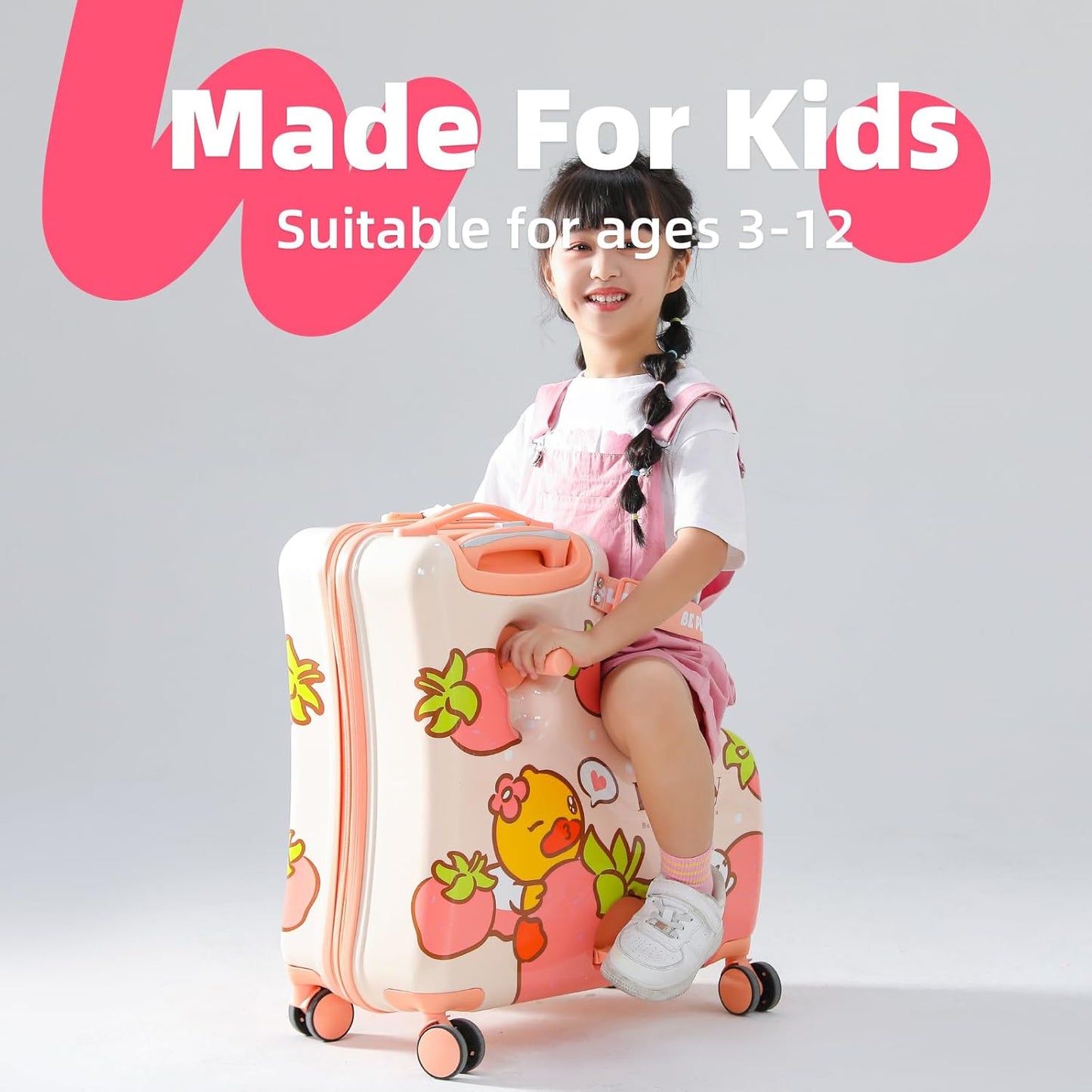 Kids' Lightweight Ride on Luggage with Spinner Wheels & Foldabe Design (Pink Strawberry, 24"+ Aged 3-12 Toddler)