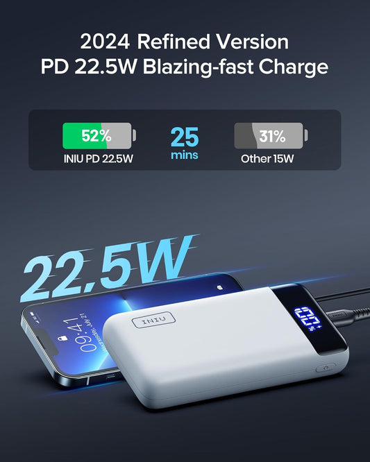 INIU Portable Charger, 22.5W PD3.0 QC4.0 Fast Charging LED Display 20000mAh Power Bank, Tri-Outputs Battery Pack Compatible with iPhone 16 15 14 13 12 Pro Samsung S22 Google iPad Tablet etc