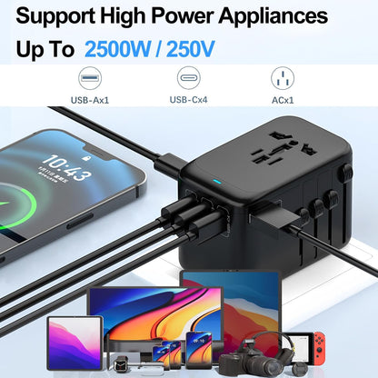 JMFONE Universal Travel Adapter with GaN 100W,International Power Plug Adapter 5 Port [4*USB C+1*USB A] and Multi AC Sockets, All-in-one Travel Outlet Plugs for 200+ Countries