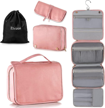 Elviros Hanging Travel Toiletry Bag for Women, 3-in-1 Large Makeup Bag and Cosmetic Organizer, Vegan Leather Waterproof Skincare Case for Travel Size Toiletries and Accessories