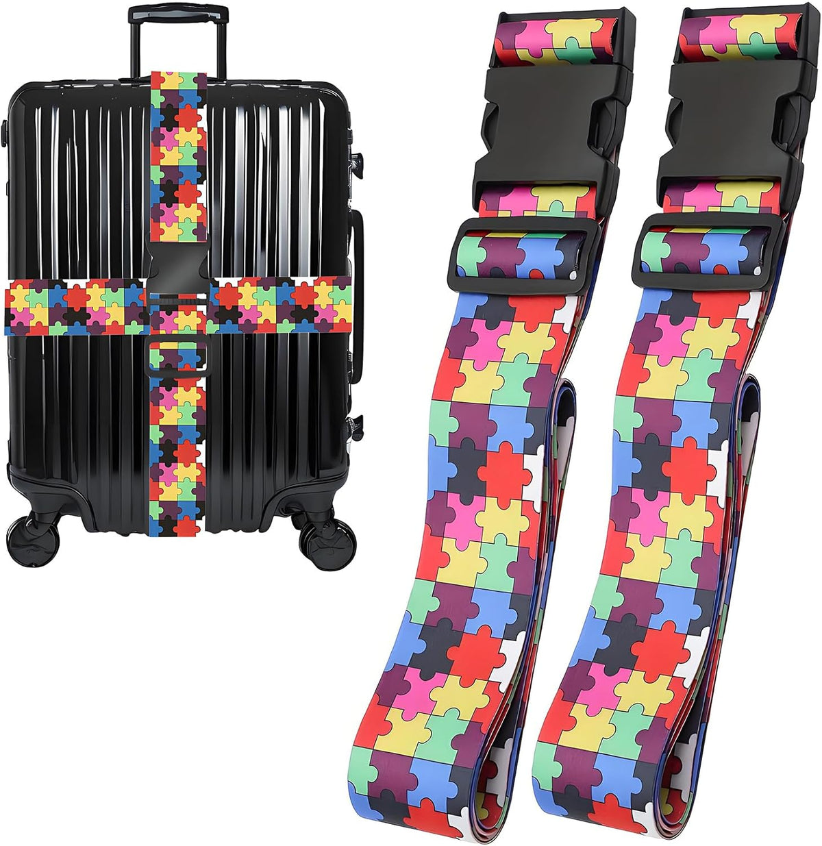 Puzzle Luggage Straps for Suitcases, Adjustable Luggage Travel Belts to Keep Luggage Security While Travel, Strong Polyester Fabric, Easy-to-Recognize Stylish Design Travel Accessories, 2 Pack