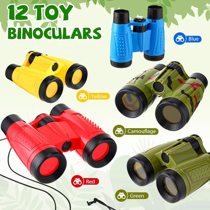 12 Set Binocular Compass Magnifying Glass Set Christmas Birthday Gift Small Telescope Binocular with Whistle Bag for Outdoor Exploring Stocking Stuffer(Colorful,Camouflage)