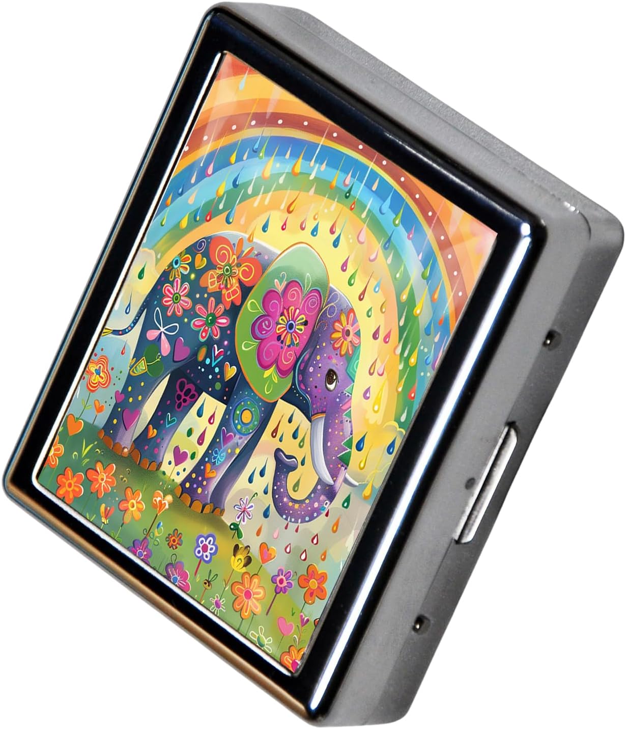 8‑Compartment Metal Pill Box Organizer – Portable Medicine Case 3″×2.6″ | Food‑Grade Dividers | Secure Snap Button Lid | Travel & Gift for Seniors (Rainbow Elephant Parade)