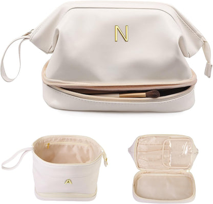 Bridesmaid Proposal Gifts, Initial Large Makeup Bag, Personalized Double Layer Cosmetic Bag with Makeup Brush Organizer, Waterproof, PU Leather Travel Toiletry Bag Graduation Gift