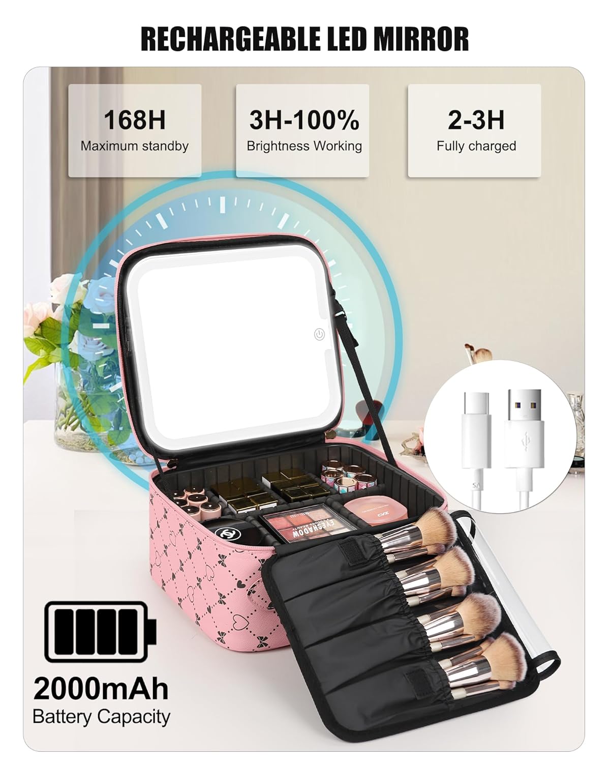 Relavel Travel Makeup Bag With LED Mirror, Compact Cosmetic Organizer Storage with Brush Compartment, 3 Colors in Adjustable Brightness, Adjustable Dividers, Make Up Train Case - Pink Bowknot