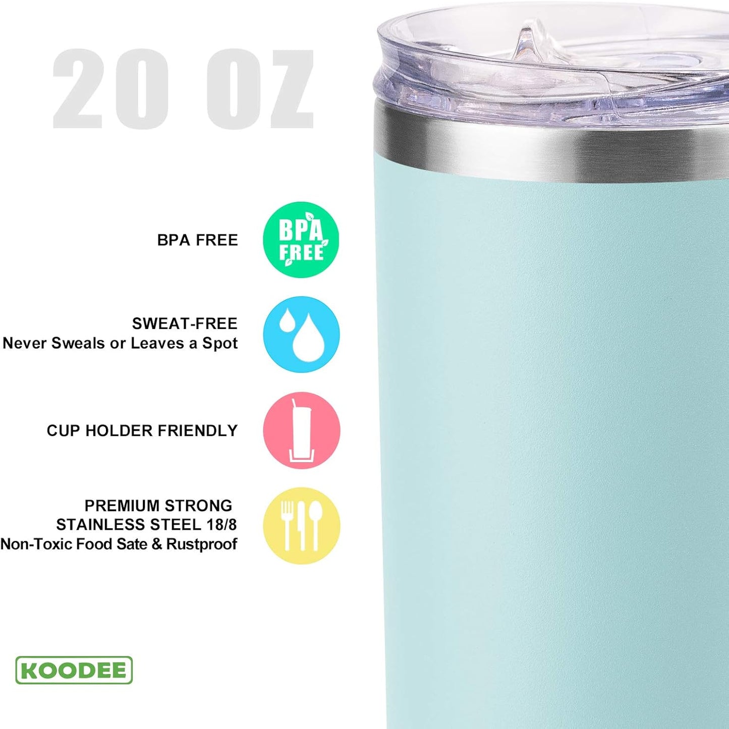 koodee 20 oz Stainless Steel Skinny Tumbler Double Wall Insulated Slim Water Tumbler Cup for Coffee, Tea (Baby Blue)