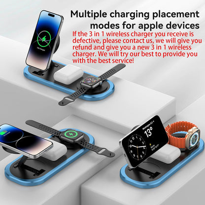 3 in 1 Fast Wireless Charger Stand for iPhone, Foldable Travel Charging Station for Magsafe for iPhone 17/Air/16/15/14/13/12 Series, Apple Watch Series, AirPods pro/2/3/4, Gifts for Women Men (Blue)
