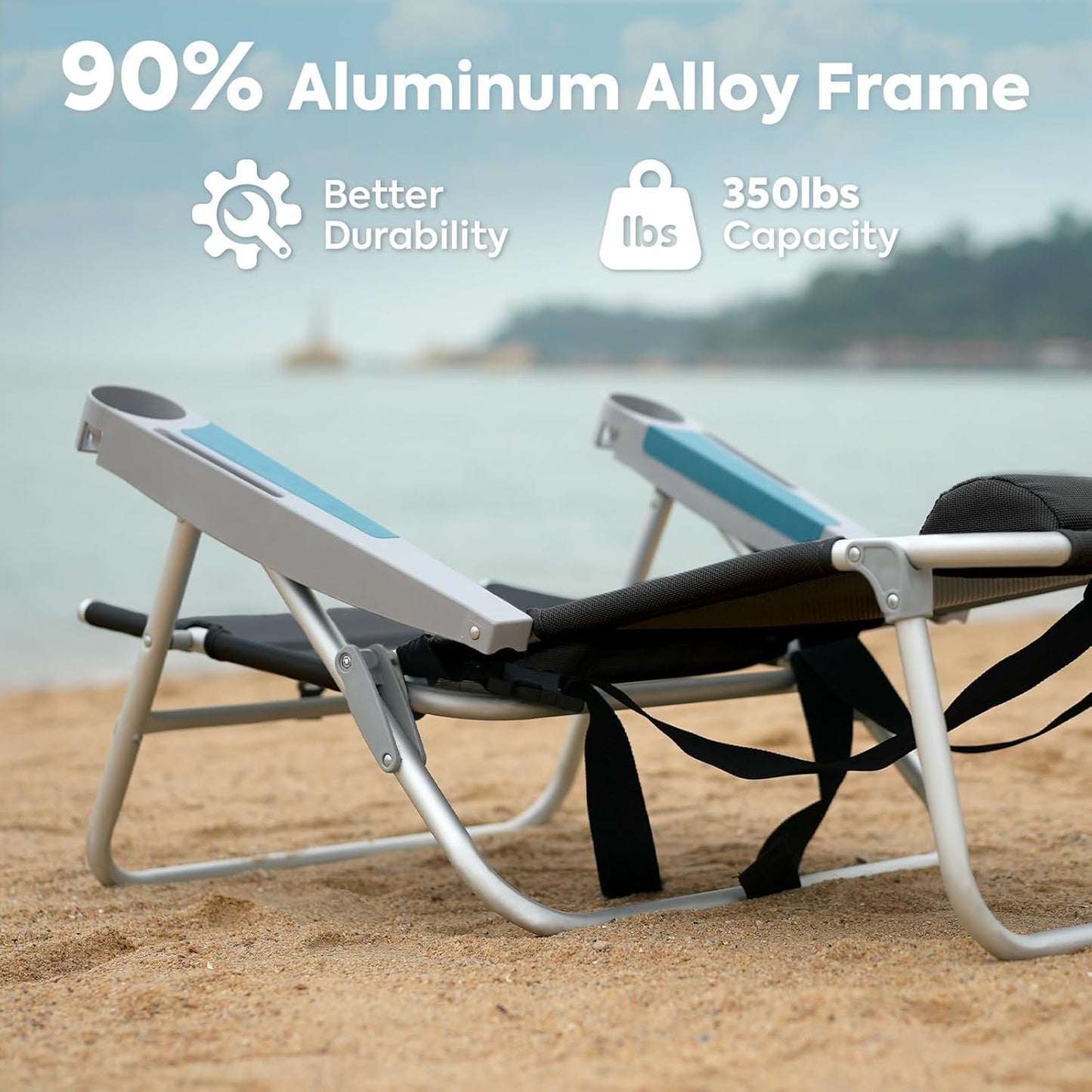 ICECO Backpacking Beach Chairs for Adults, 5 Positions Reclining, Heavy Duty Folding Beach Chairs, Portable Lay Flat Outdoor Chair with Cup Holder for Camping, Lawn, 350lb Capacity